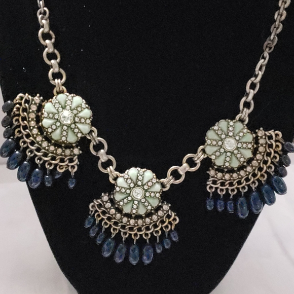 Beautiful Faux Turquoise,Navy Blue Beads, Clear Rhinestones  Bib Chunky Necklace - Picture 1 of 8